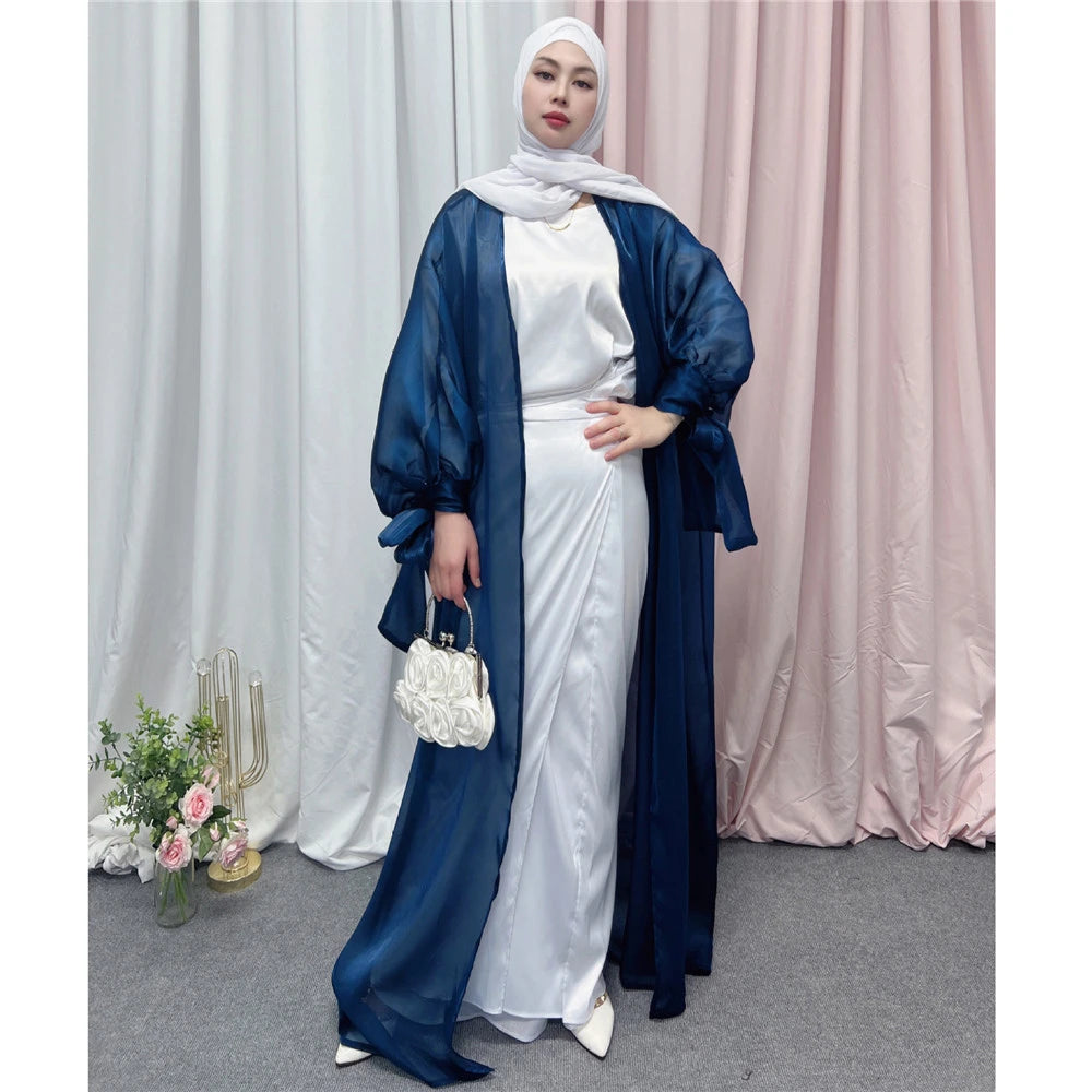 Shiny Satin Open Abaya Dubai Kaftan Women Muslim Kimono Cardigan Islamic Puff Sleeve Caftan Maxi Dress Robe Gown Turkey Jalabiya - Seprincess