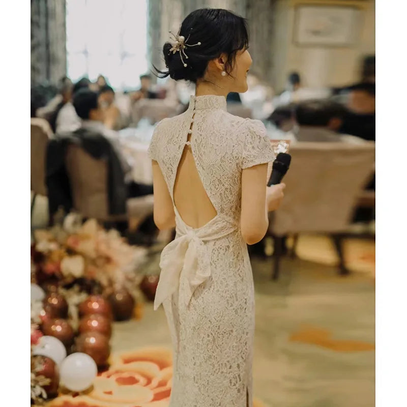 Grace Lace Qipao Female Backless Evening Dress Sexy Lace Chinese Style Dresses Big Bow Cheongsam Bride Banquet Gown Vestidos - Seprincess