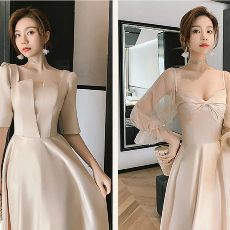 4 Styles Satin Solid Bridesmaid Dress Women Elegant Floor Length Slim Fit Spliced Tulle Puff Sleeve Wedding Party Guest Vestido - Seprincess