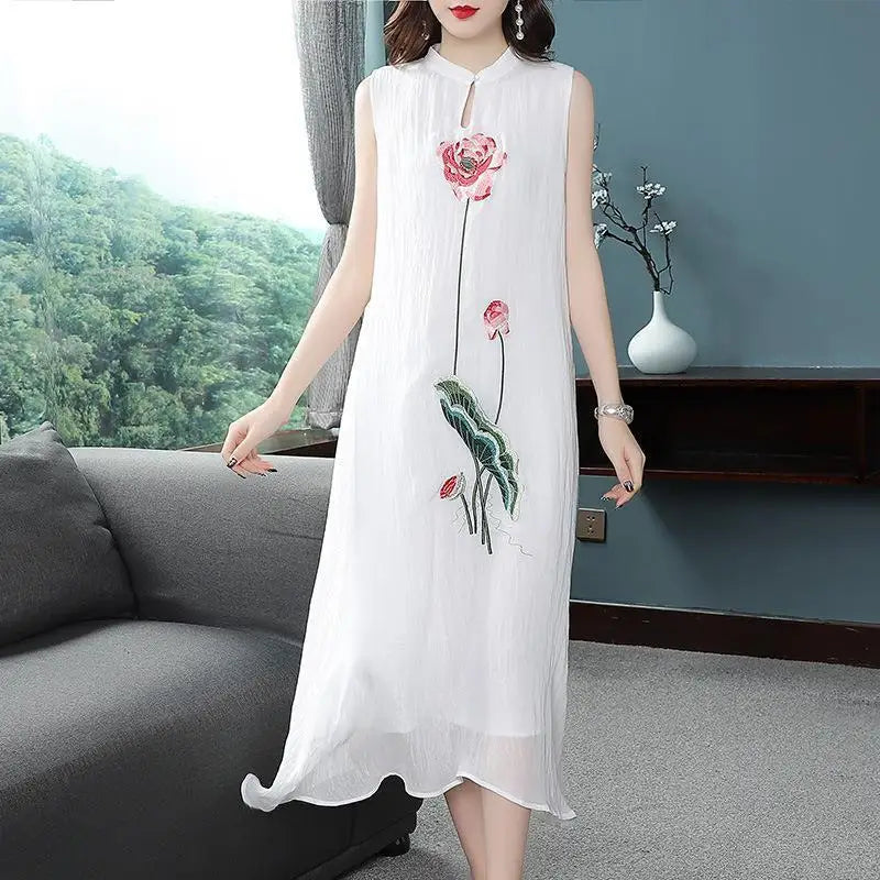 1pcs/lot chinese style woman Embroidered Cheongsam Sleeveless Vest Chiffon Dress Woman Dress print dress - Seprincess