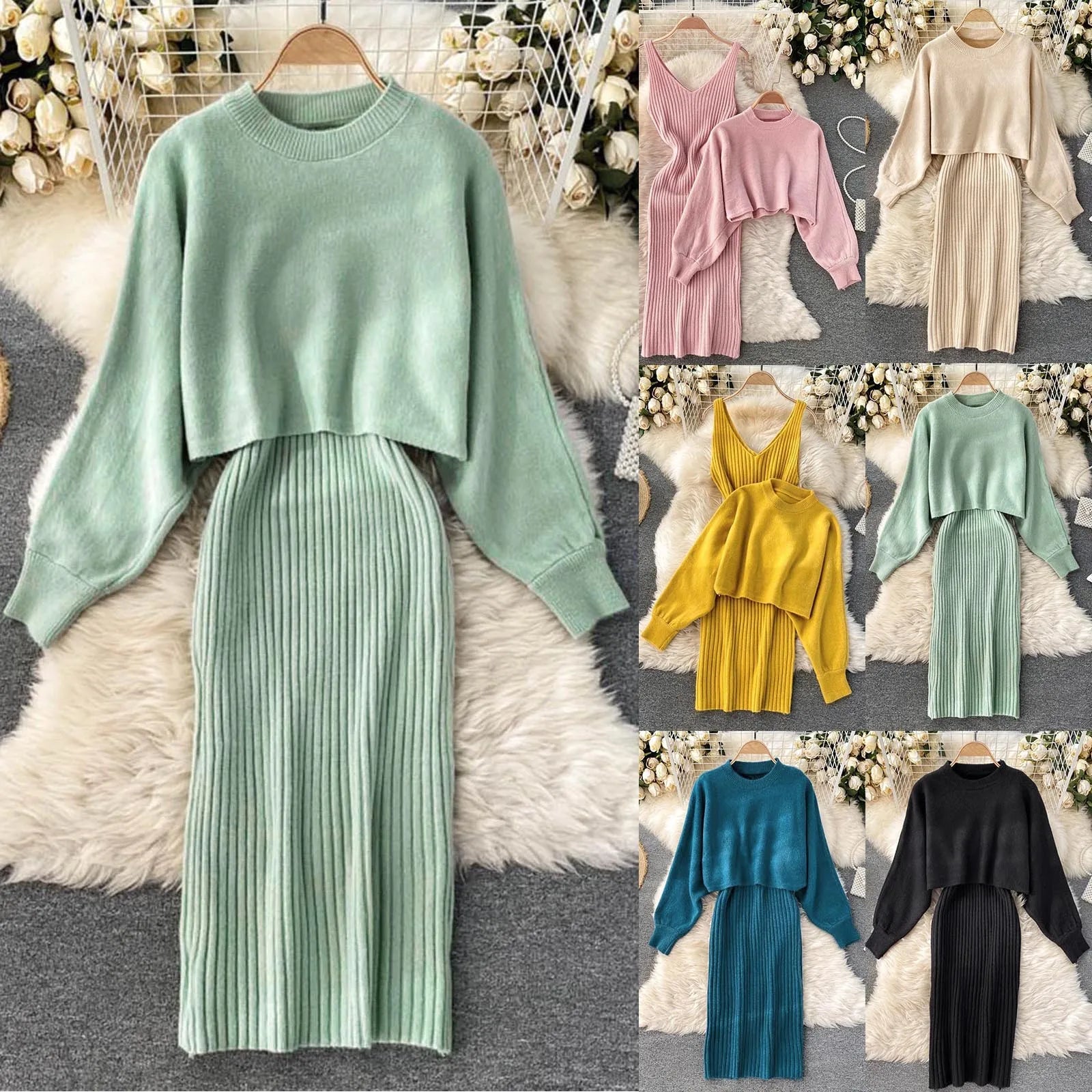 Women Autumn Winter Long Sleeve Knitted Solid Slim Elegance Tops Elastic Lazy Solid Color Knitted Dress Two Piece Dresses - Seprincess