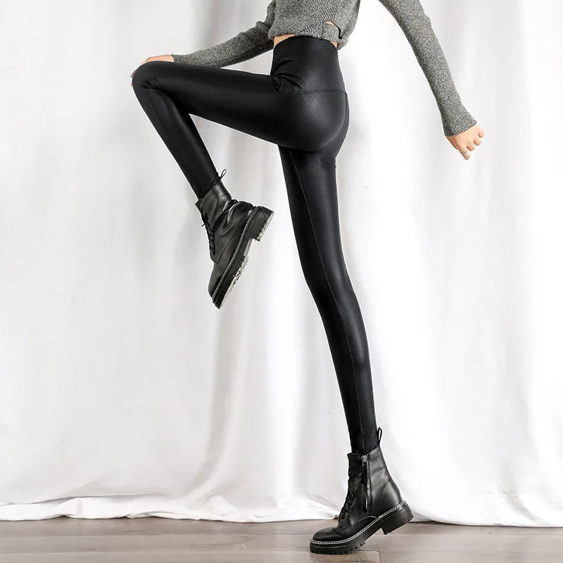 Women Faux Leather Leggings Slim Autumn Winter Letter Fashion High Waist Tight Warm Thin Velvet PU Leather Pants for Women 2024