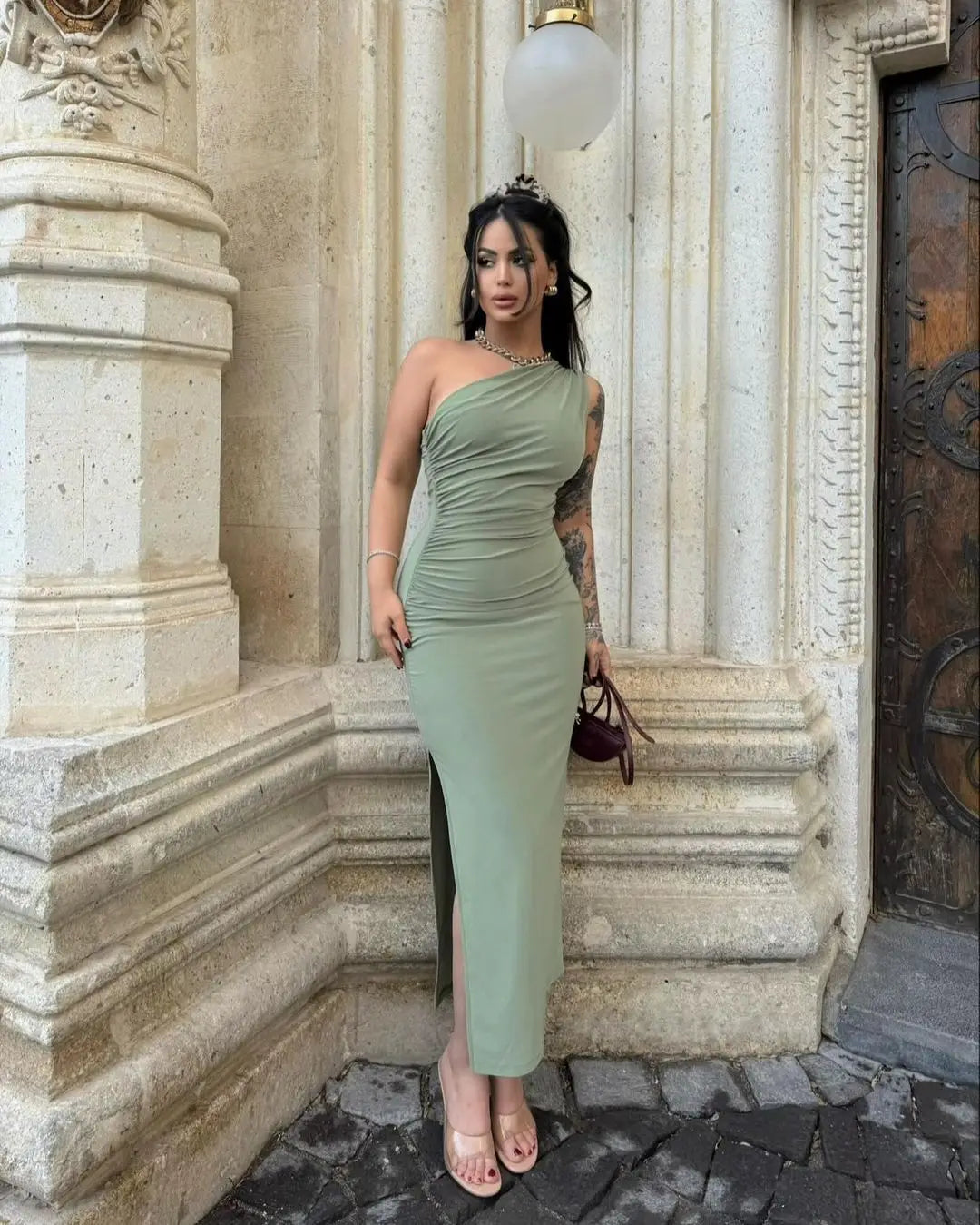 Green Dress Women Fashion Sexy Split Sleeveless Backless Slim Maxi Dress Female Casual Club Elegant Lady Evening Party Dresses - Seprincess