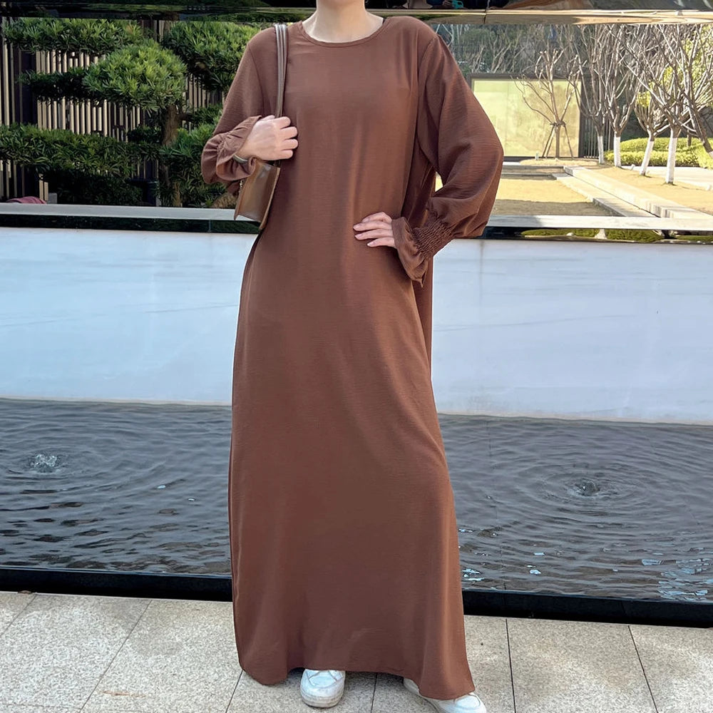 Under Abaya Inner Long Slip Dress Solid Color Smocked Cuffs Islamic Clothing Muslim Woman Casual Dubai Turk Modest Hijabi Robe - Seprincess