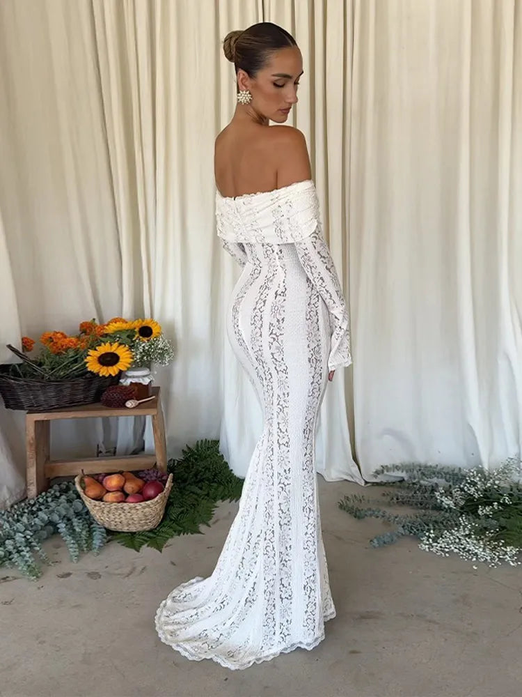 Women Elegant Solid Lace Hollow Slim Fishtail Dress Sexy Off Shoulder Backless Flare Sleeves Long Dresses Chic Lady Party Gowns - Seprincess