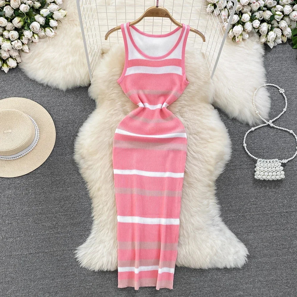 Chic Stripe O-neck Knit Elastic Bodycon Dress Sexy Beach Vacation Sundress Women Casual Slim Pencil Vestidos Maxi Long Dress - Seprincess