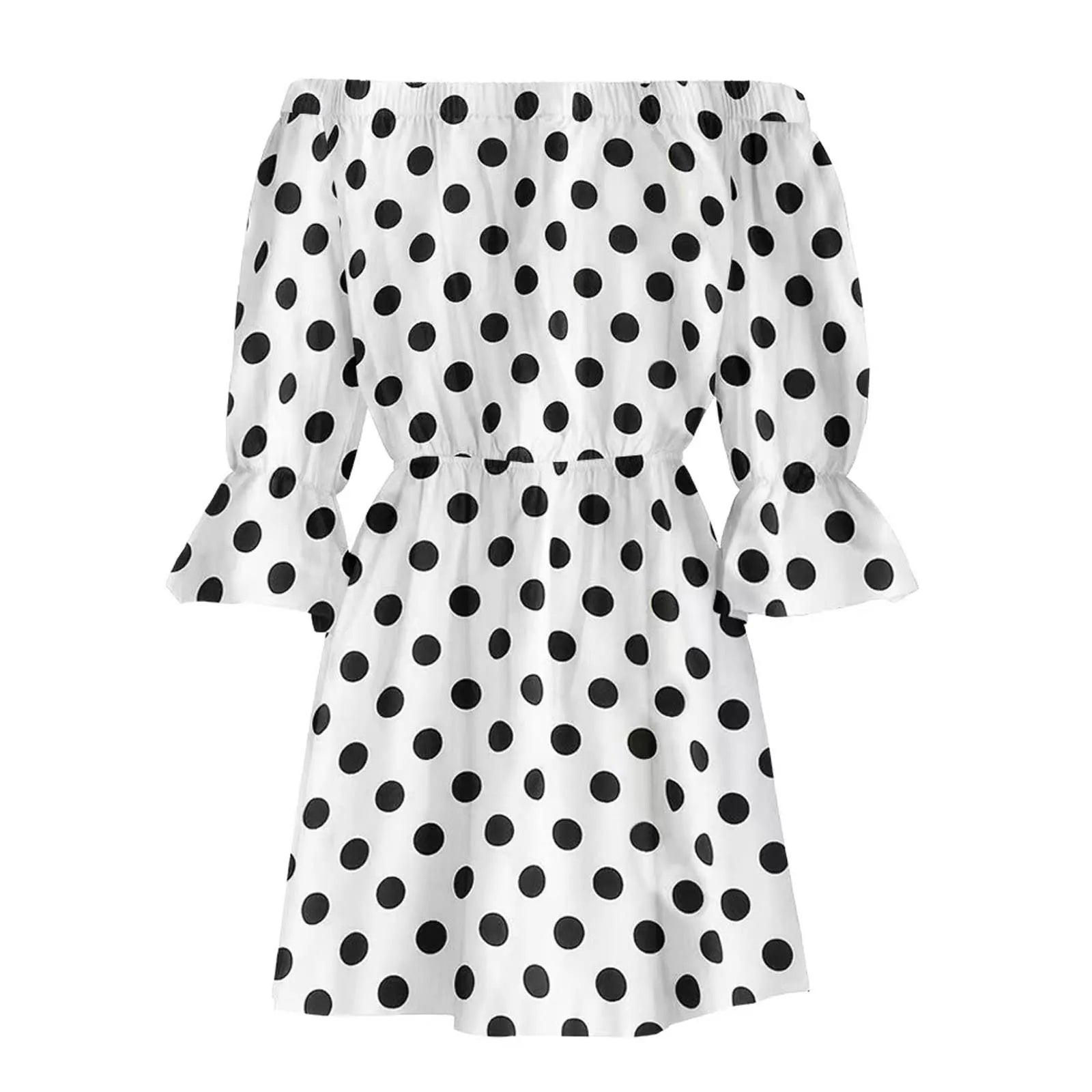 Off Shoulder Mini Dress Women Leopard Polka Dot Elegant Summer Dress Casual Loose Fashion Slash Neck Long Sleeve Party Dresses - Seprincess