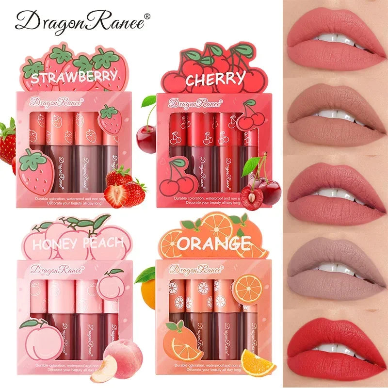 4pcs/set Matte Fruit Lip Glaze Long Lasting Liquid Lipsticks Mini Matte Lip Glaze Set Non-Fade Non-Stick Waterproof Lipsticks - Seprincess