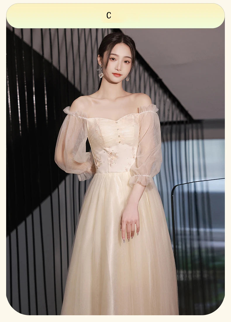 Champagne Bridesmaid Dress Women's Sweet Tulle Embroidery New Temperament Sisters Evening Dresses A-Line Wedding Party Gown