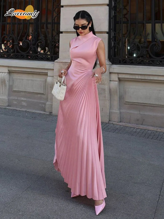 Elegant Lady Round Neck Pleated Long Dresses Women Fashion High Waist Solid Color Maxi Dress 2024 Female New Party Evening Gowns - Seprincess