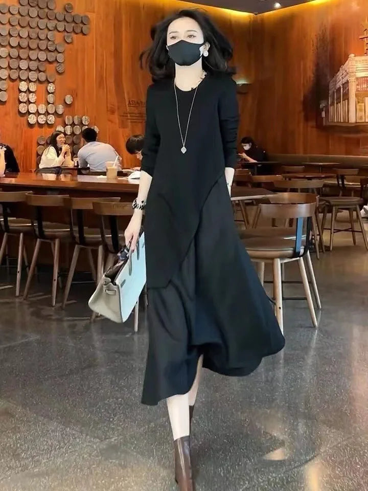 Women's Lyrical Party Dresses Long Sleeve Fake Two Piece Dress Round Neck Pure Black Skinny Casual Business Office Streetwear - Seprincess