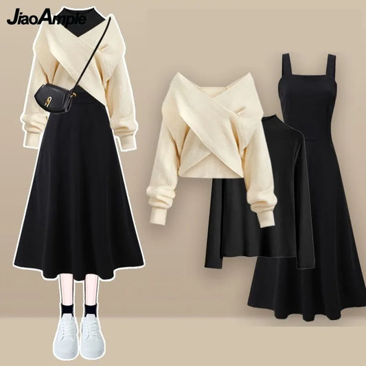 2023 Autumn/Winter New Korean Elegant Matching Set Women's Fashion Cross Knit Sweater+Bottom Shirt+Strap Dress Three Piece Suit - Seprincess