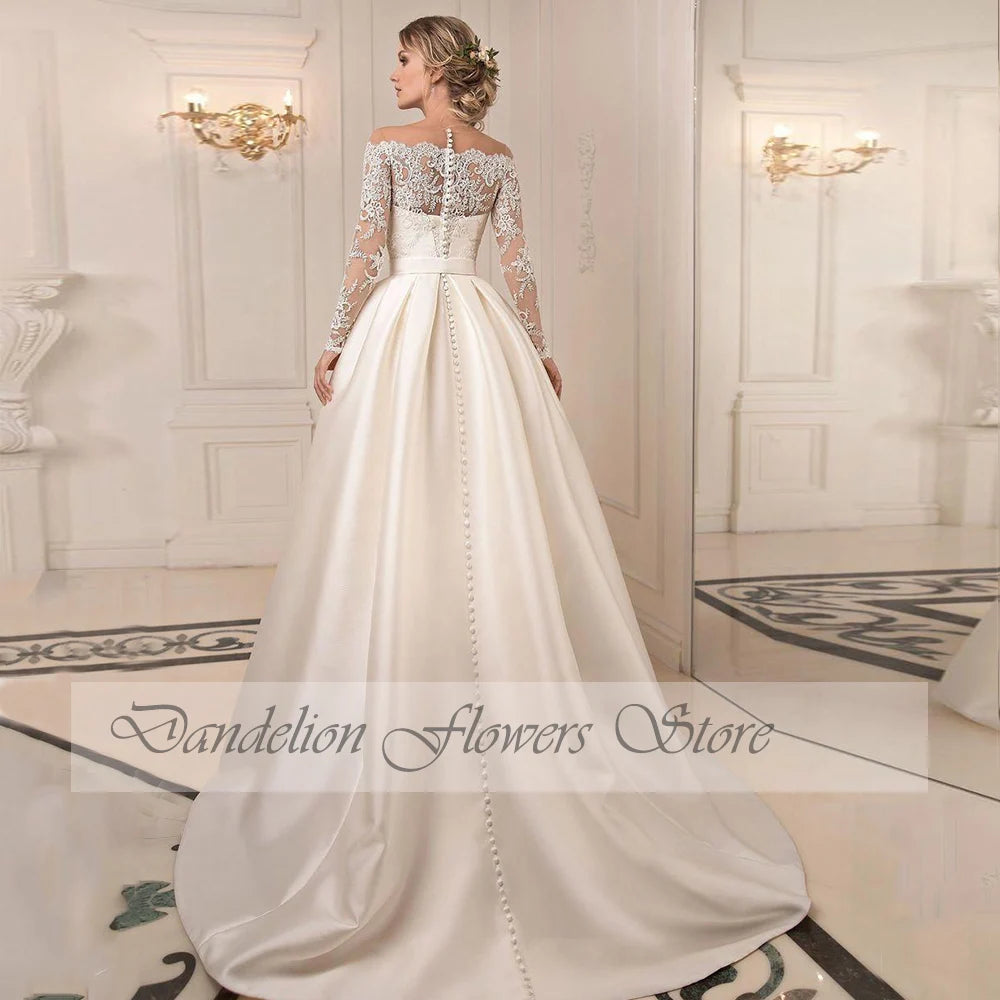 Classic Wedding Dresses O-Neck Full Sleeves Zipper Lace Applique Bride Gowns Illusion Sweep Train A-Line Satin Vestidos De Novia - Seprincess