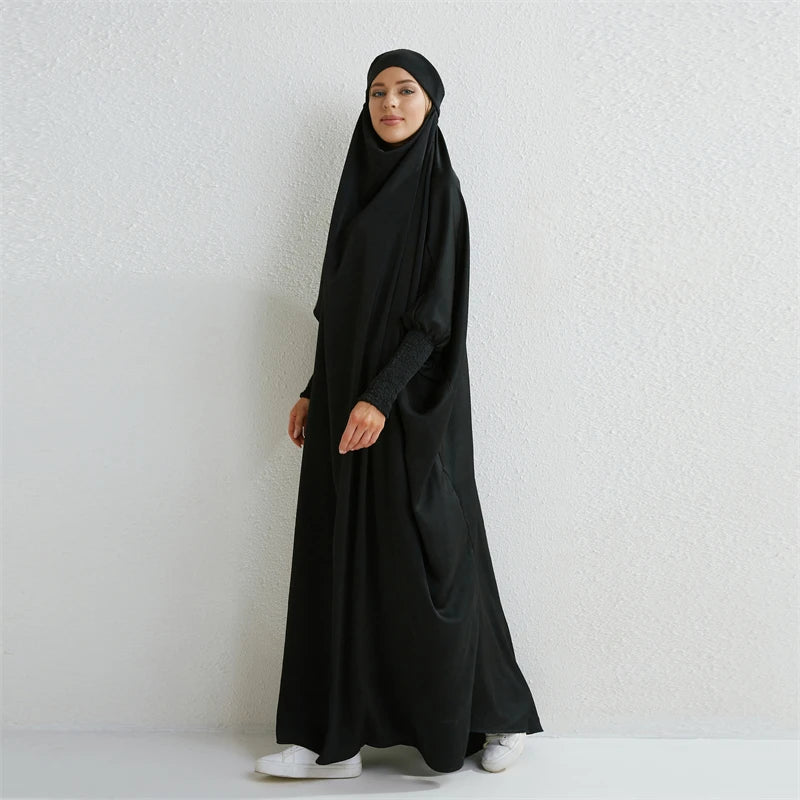 Muslim Abaya Hooded Smocking Sleeve One-piece Prayer Dress Women Jilbab Islamic Clothing Dubai Saudi Black Robe Turkish Modesty - Seprincess