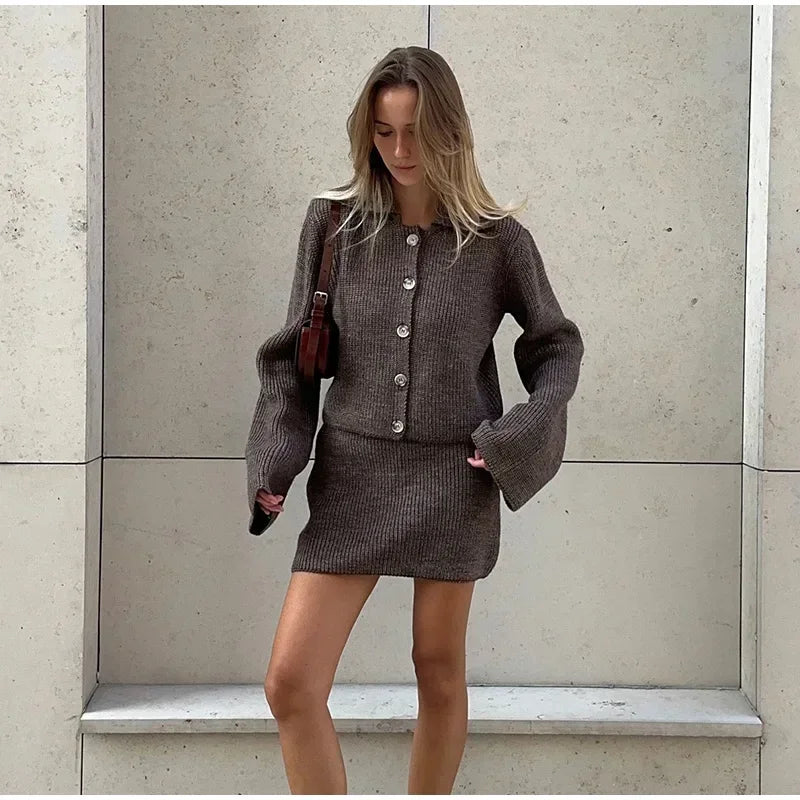 Fashion Brown Single Breasted Kint Cardigan Suit Chic Lapel Long Sleeve Mini Dress Outfit Early Autumn Lady Commuting Streetwear - Seprincess