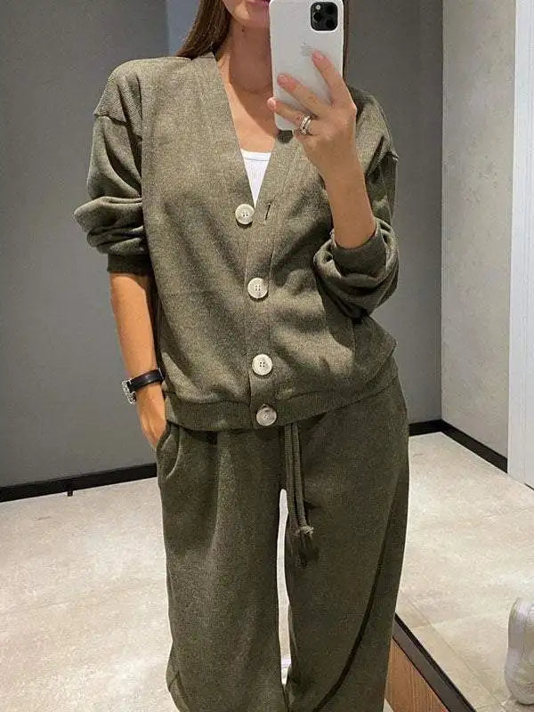 Autumn Fashion Knitted Cotton Women's Sports Jacket Suit Simple Trousers Pocket Casual Cardigan Elegant 2-piece Set Female - Seprincess