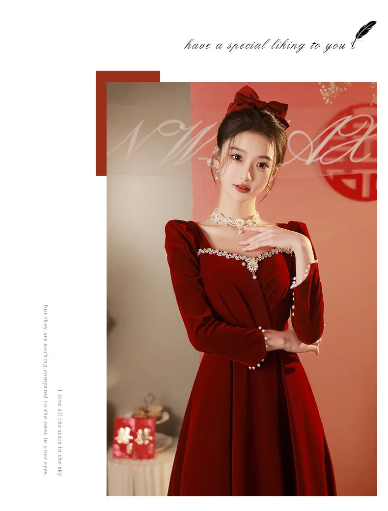 Burgundy Velvet Prom Dresses Square Collar Long Sleeve Pearl Crystal Long Engagement Dress Plus Size Female Formale Gowns - Seprincess