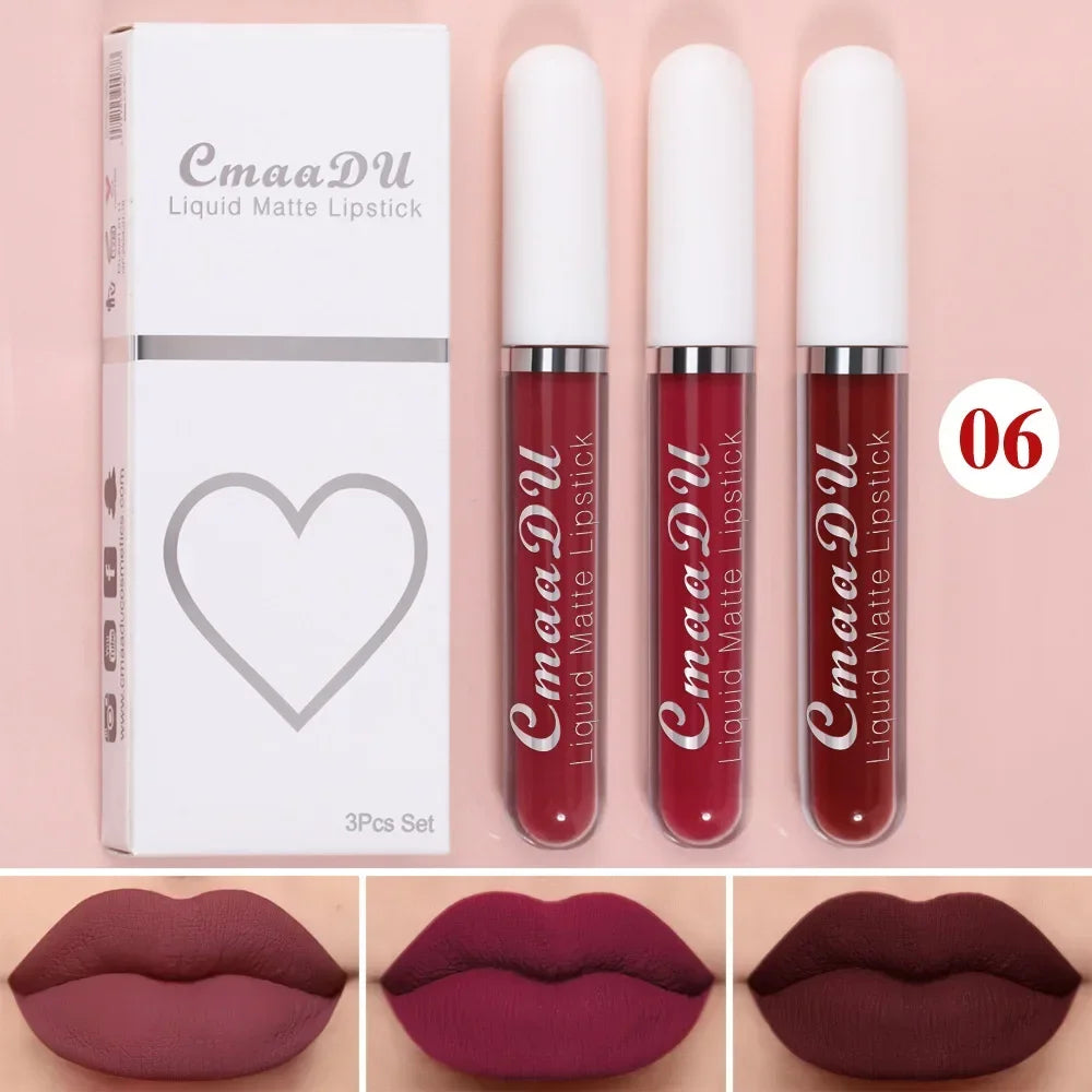 3Pcs/Set Waterproof Matte Nude Lip Gloss Brown Nude Pigment Dark Red Long Lasting Velvet Liquid Lipstick Women Makeup Lip Glaze - Seprincess