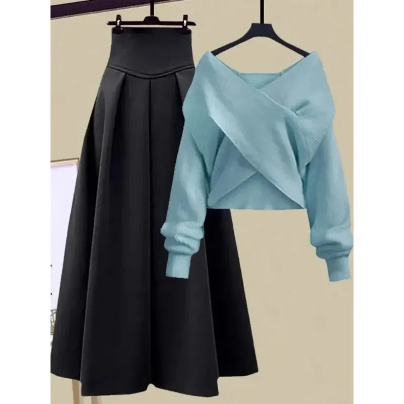 Autumn Winter Skirt Sets For Women Outfits Korean Casual Knitwears Pullover Sweater And High Waist Skirts Two Piece Sets N432 - Seprincess