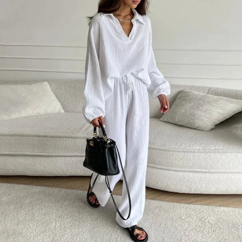 Large Size 2 Piece Sets Womens Outfits Casual Long Sleeve Button Blouse Elastic-waisted High-waisted Wide-leg Pants Casual Suits - Seprincess