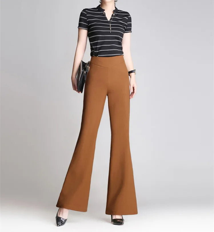 Autumn Winter Office Lady Fashion Long Flare Pants Solid High Waist Elastic Band Slim 4XL Professional Woman Wide Leg Trousers