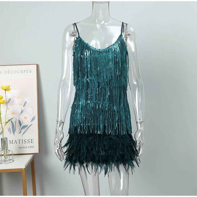 2024 Sexy Women's Fringed Sequin Feather Stitching Dress Summer Slim V-Neck Off Shoulder Dresses Female Backless Slip Mini Robe - Seprincess