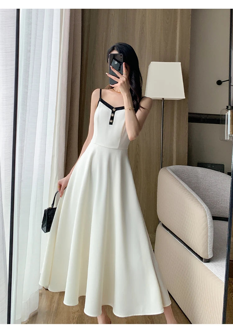 Fashion Korean Women Elegant Casual Dress Set Vintage Crop Jackets Sleeveless A-Line Strap Dress Two Pieces Set Female Clothes - Seprincess