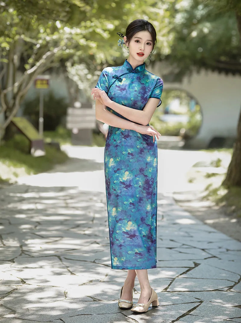 2024 Summer Autumn New Cheongsams Blue Flower Print Qipao Oriental Vintage Classical Vestidos Women's Satin Qipao Chinese Dress - Seprincess