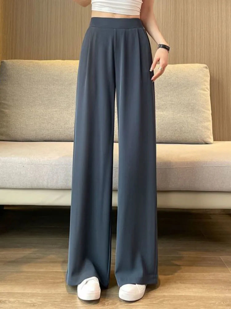 Women Formal Loose Thicken Straight Suit Pants Winter Warm Elastic High Waist Velvet Lined Wide Leg Pantalones Chic Solid Calca