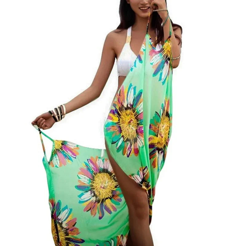 Summer Beach Dress Swimsuits Women Beach Bikini Cover Up Printed Pareo Chiffon Wrap Skirt Sarong Scarf Beachwear Bathing Suit - Seprincess