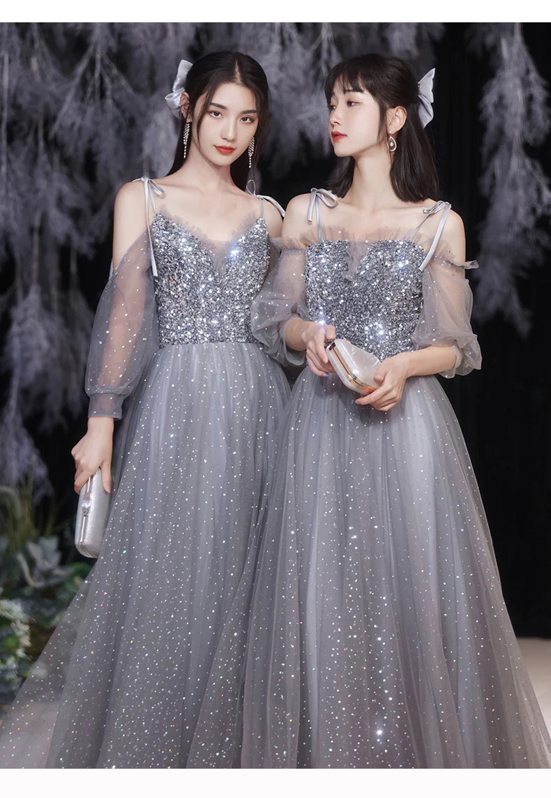 Grey Bridesmaid Evening Dress Women Off Shoulder Sequins Wedding Party Vestidos Fairy Temperament Sisters Group Gown Summer - Seprincess