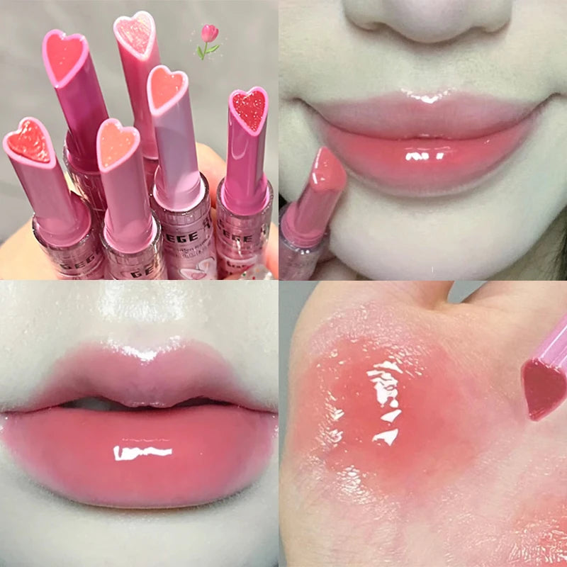 3PCS Heart-Shaped Jelly Lipstick Pen Mirror Water Glitter Lip Glaze Waterproof Moisturising Lipstick Transparent Korean Makeup - Seprincess