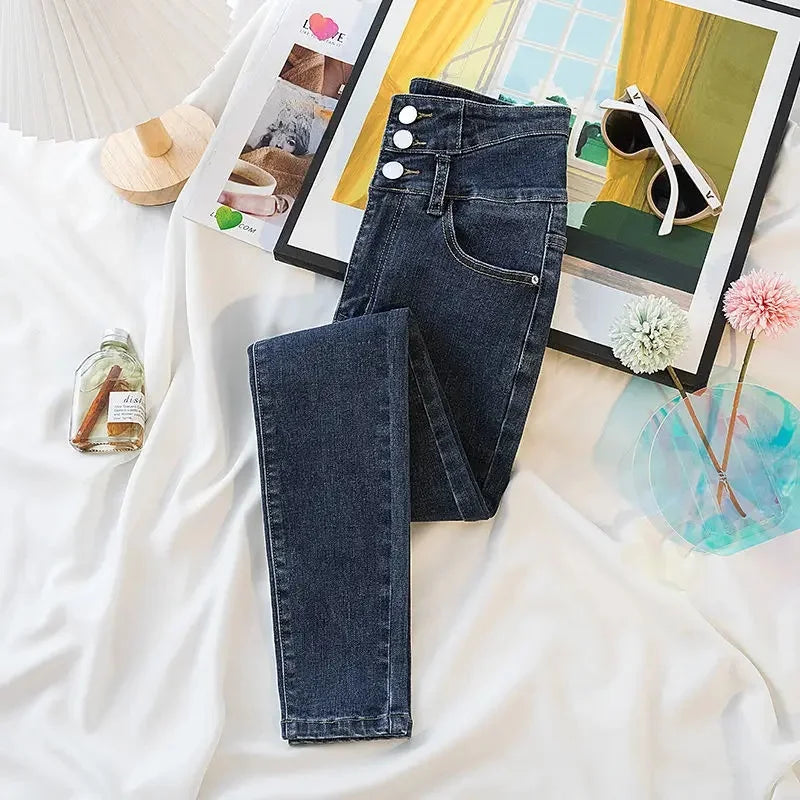 2024 Autumn/Winter New Solid Color Slim Fit Women's Jeans High Waist Buttoned Wool Lined And Thickened Pencil Leggings