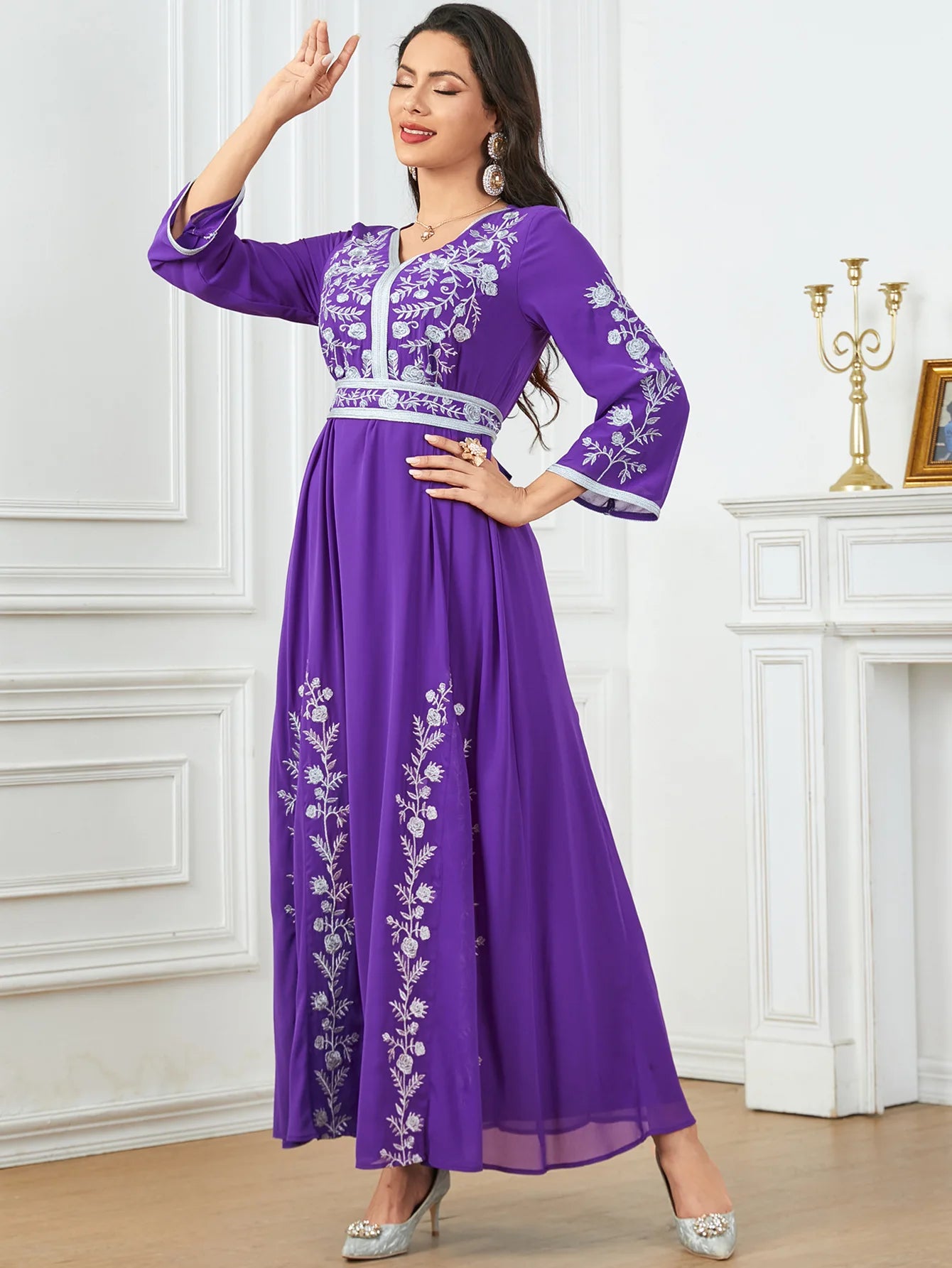 Autumn Embrodiery Eid Muslim Party Dress for Women Jalabiya Abaya Ramadan Long Dresses Abayas Woman Lace-up Caftan Vestidos Robe - Seprincess