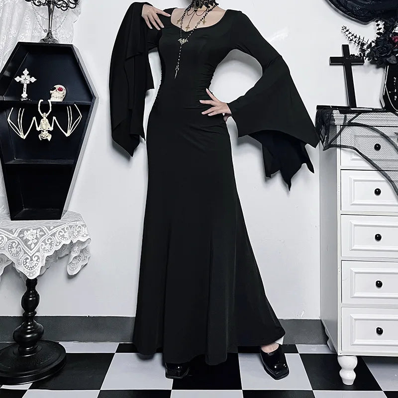 Halloween Gothic Vintage Dress Women Square Neck Patchwork Spider Web Flare Sleeves Cosplay Long Party Dress - Seprincess