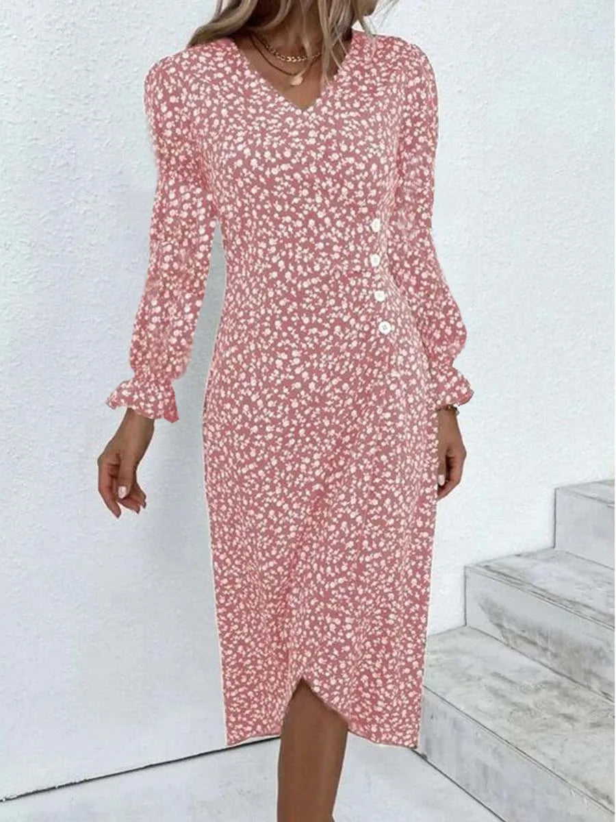 Spring Floral Bodycon Midi Dress For Women V Neck Long Sleeve Ruched Slim Fit Dresses Female Sexy Vestido Robe - Seprincess