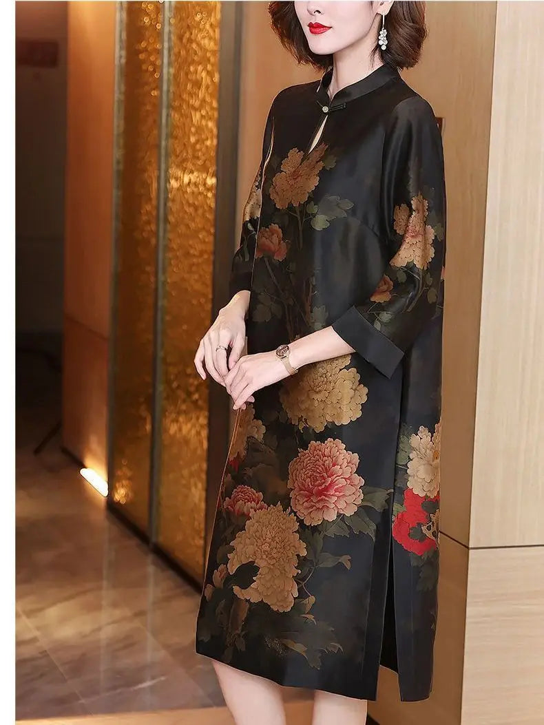 2024  chinese style disc buckle loose style printed cheongsam dress women spring stand collar retro daily long qipao skirt w300 - Seprincess