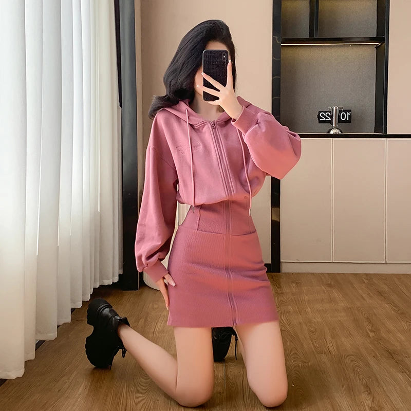 Korean Fashion Hoodie Dress Women Autumn Winter Long Sleeve Cat Ear Mini Dress Bodycon Dress Vestidos - Seprincess