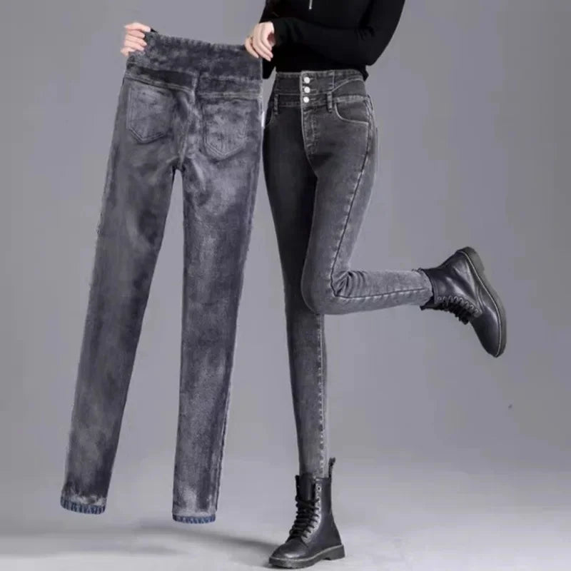 2024 Autumn/Winter New Solid Color Slim Fit Women's Jeans High Waist Buttoned Wool Lined And Thickened Pencil Leggings