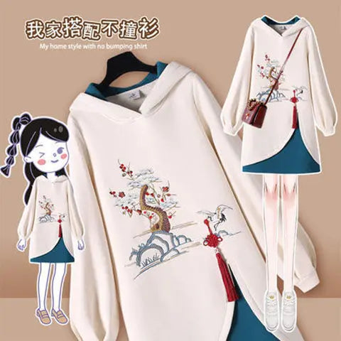 NEW Winter Plus Size Dress Women's Chinese Traditional Style Hanfu Cheongsam Embroidered Tang Suit Hooded Sweatshirt Vestidos