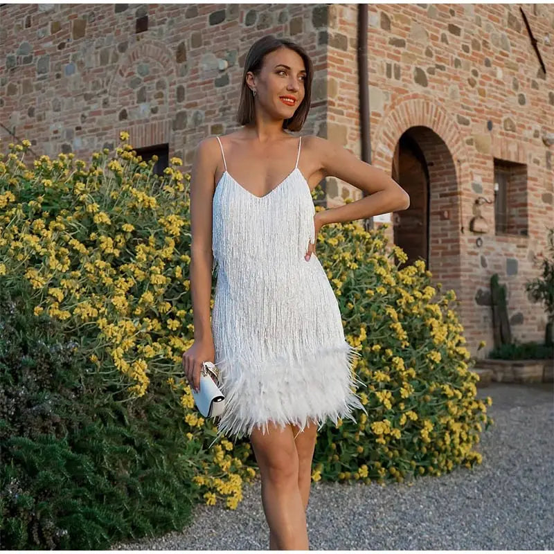 2024 Sexy Women's Fringed Sequin Feather Stitching Dress Summer Slim V-Neck Off Shoulder Dresses Female Backless Slip Mini Robe