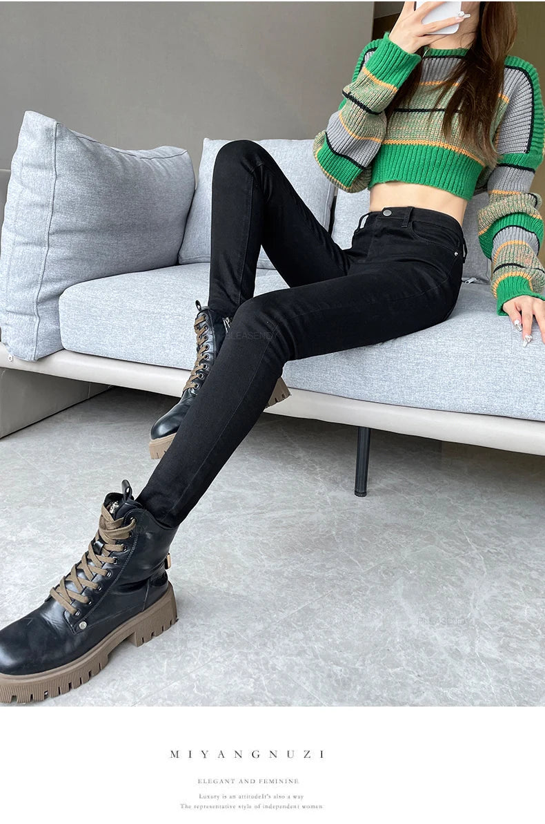 Skinny Jeans Women's Elastic High Waist Slim Fashion Korean Pencil Pants Spring New Leggings Black Gray Light Blue