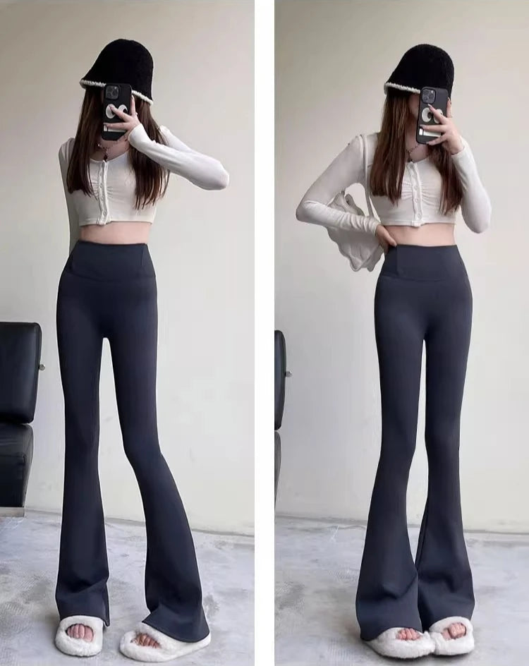 2024 New Autumn and Winter Shark Flared Pants Women's Wear High Waist Skinny Elastic Yoga Fleece Leggings