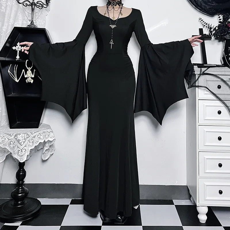 Halloween Gothic Vintage Dress Women Square Neck Patchwork Spider Web Flare Sleeves Cosplay Long Party Dress - Seprincess