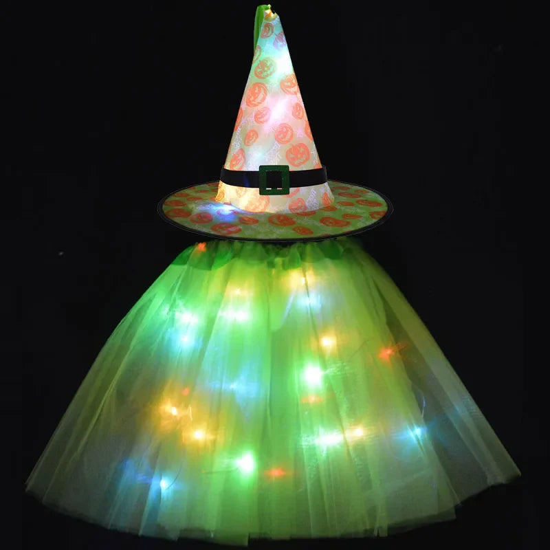 Women Kids Girl Luminous LED Glow Light Up Elf Witch Hat Star Skirt Spider Web Tutu Wizard Costume Party Gift Halloween Festival - Seprincess