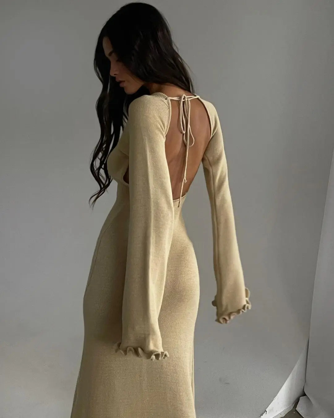 Cryptographic Elegant Knitted Sweater Maxi Dress Outfits for Women Flare Sleeve Sexy Backless Dresses Edible Tree Fungus Clothes - Seprincess