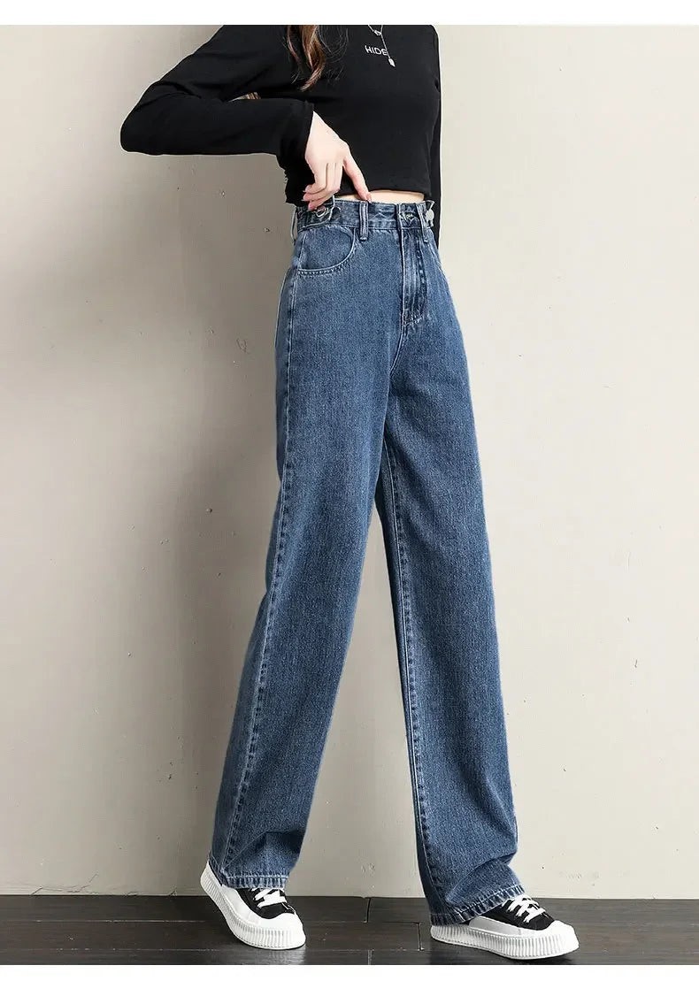 Multi-Button Wide-Leg Women's Jeans New Style Adjustable High-Waisted Straight-Leg Long Pants Loose Fit Niche Style