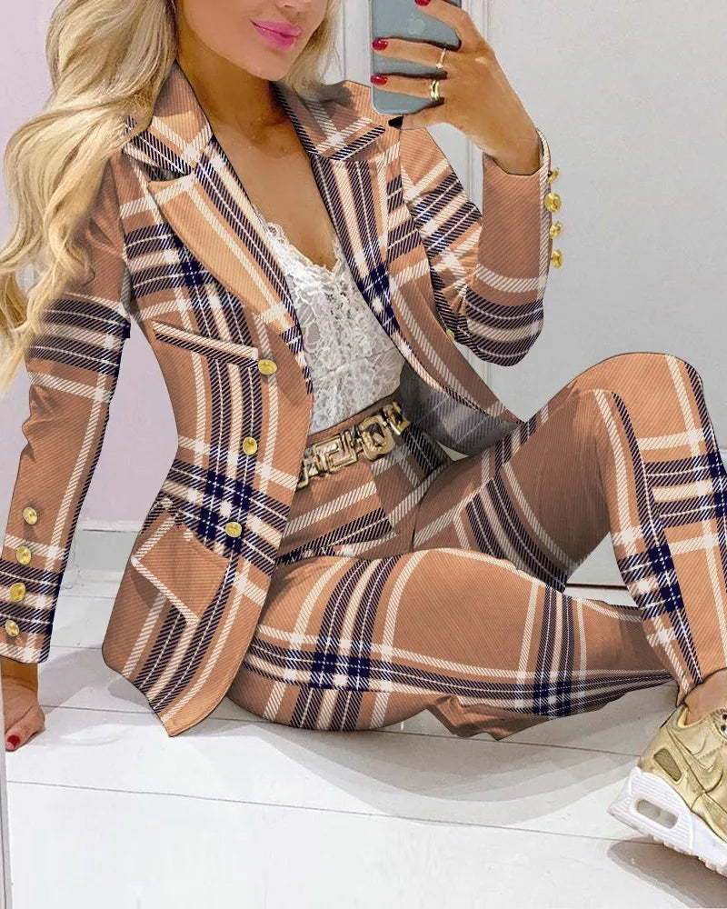 Autumn Winter New Printed Suit Long Sleeve For Women's Suit Fashion Color Matching Slim Elegant Female Office 2 Piece Set 2023