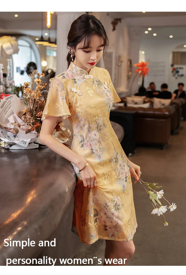 Summer Improved Young Style National Style Embroidered Floral Short Sleeve Women's Qipao Dress Chinese Traditional Cheongsam - Seprincess