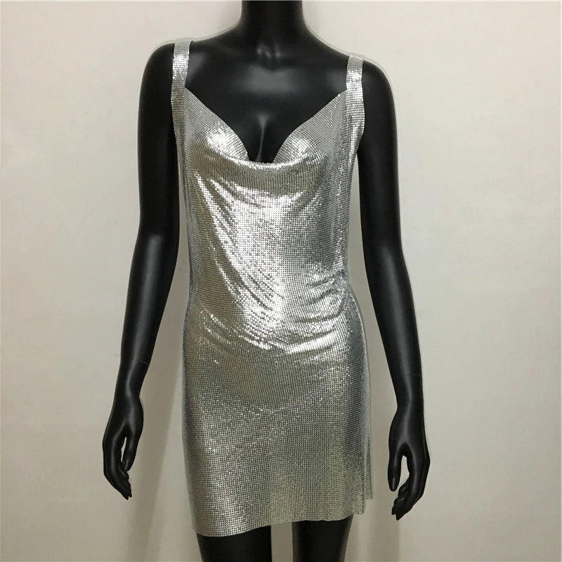 Sexy Metallic Sequin Mini Dress For Women Backless Cocktail Club Glitter Low Cut Halter Dress Rave Party Nightclub Dresses - Seprincess